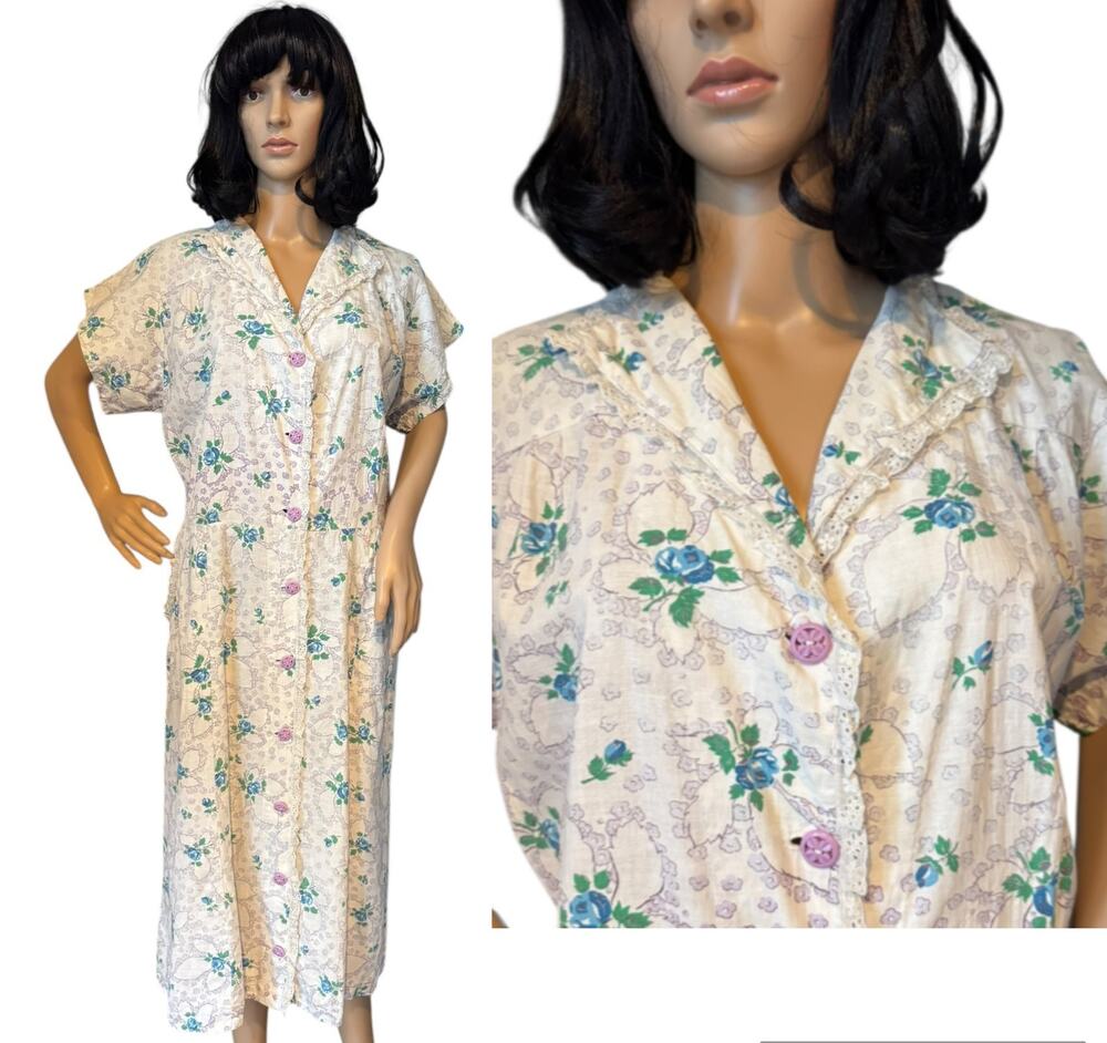 1950s Handmade Floral Day Dress Blue Rose Eyelet Trim Medium